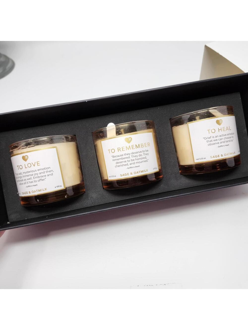 Griffin’s Heart Memorial Candle Gift Set Sage & Oatmilk 3 Pack